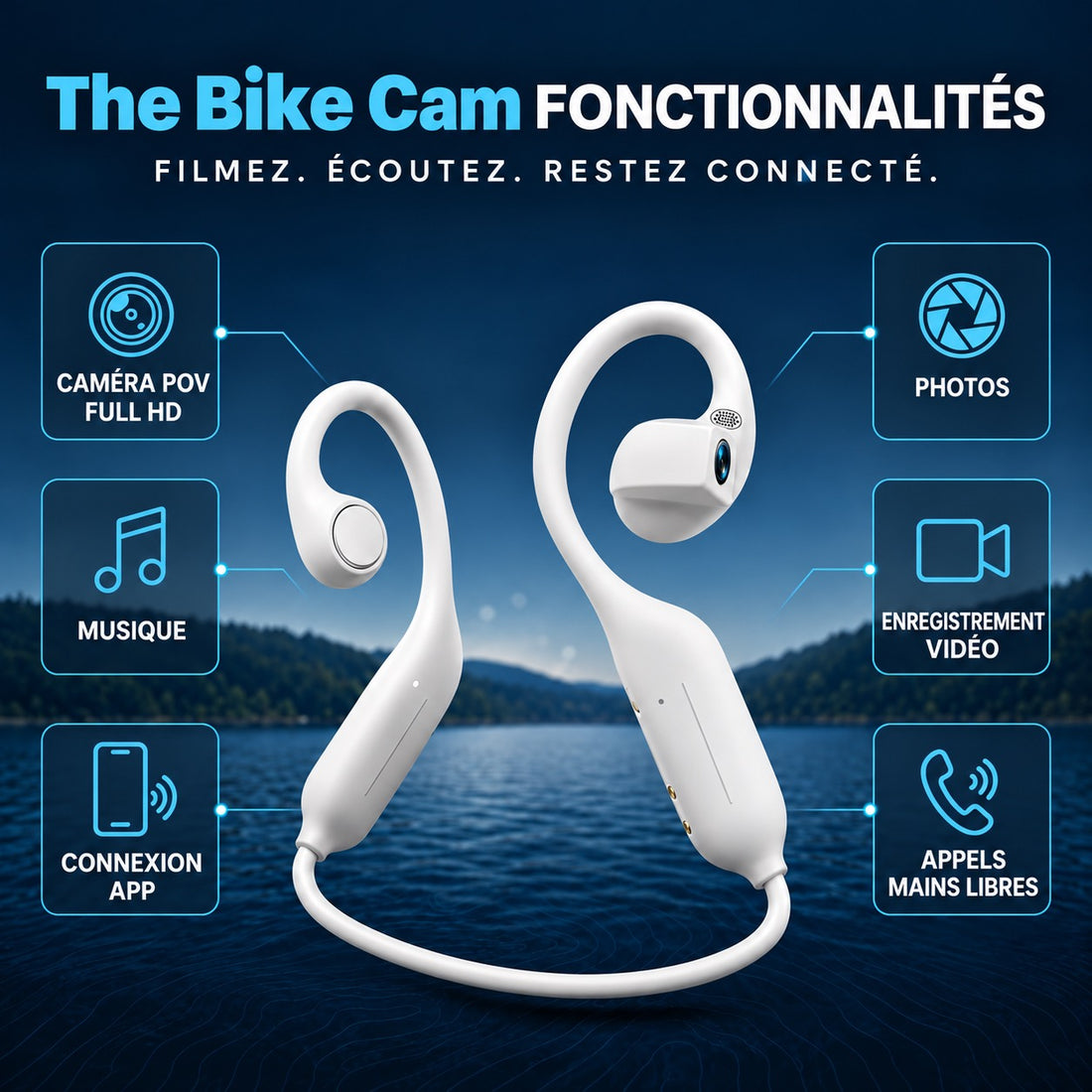 The Bike Cam – fonctionnalités : caméra POV Full HD, photos, musique, vidéo, connexion app, appels mains libres