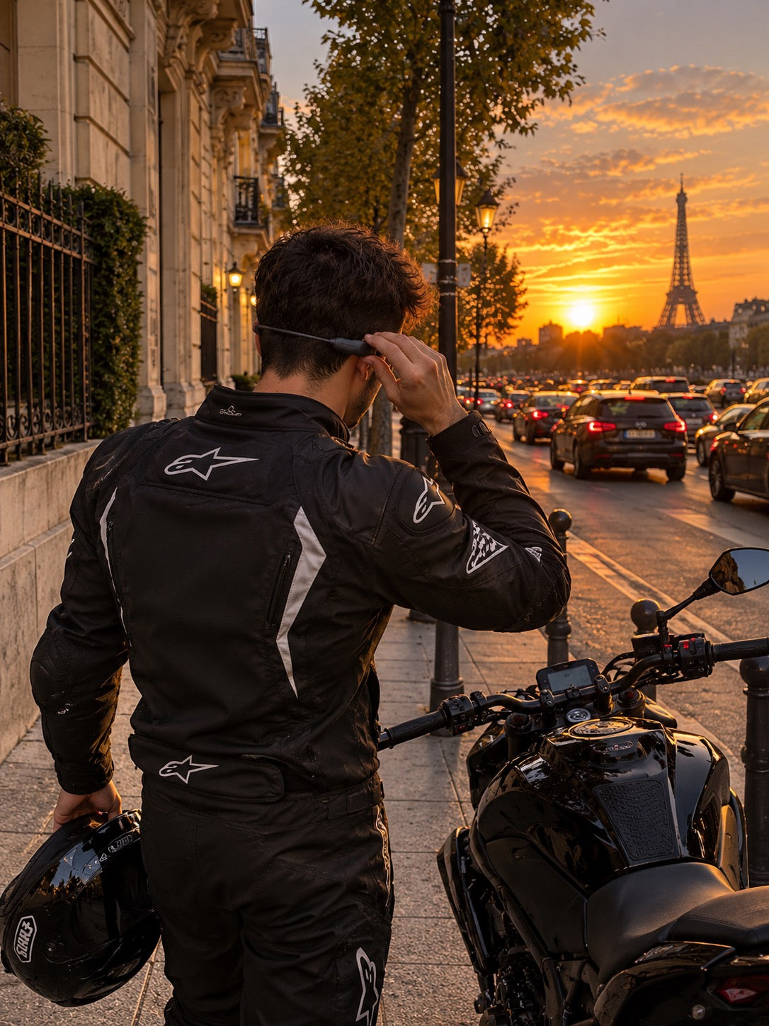 Motard qui met ses écouteurs BikeCam avant de partir