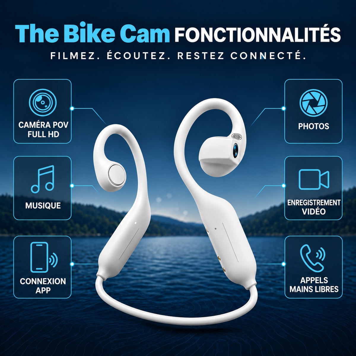 The Bike Cam – fonctionnalités : caméra POV Full HD, photos, musique, vidéo, connexion app, appels mains libres