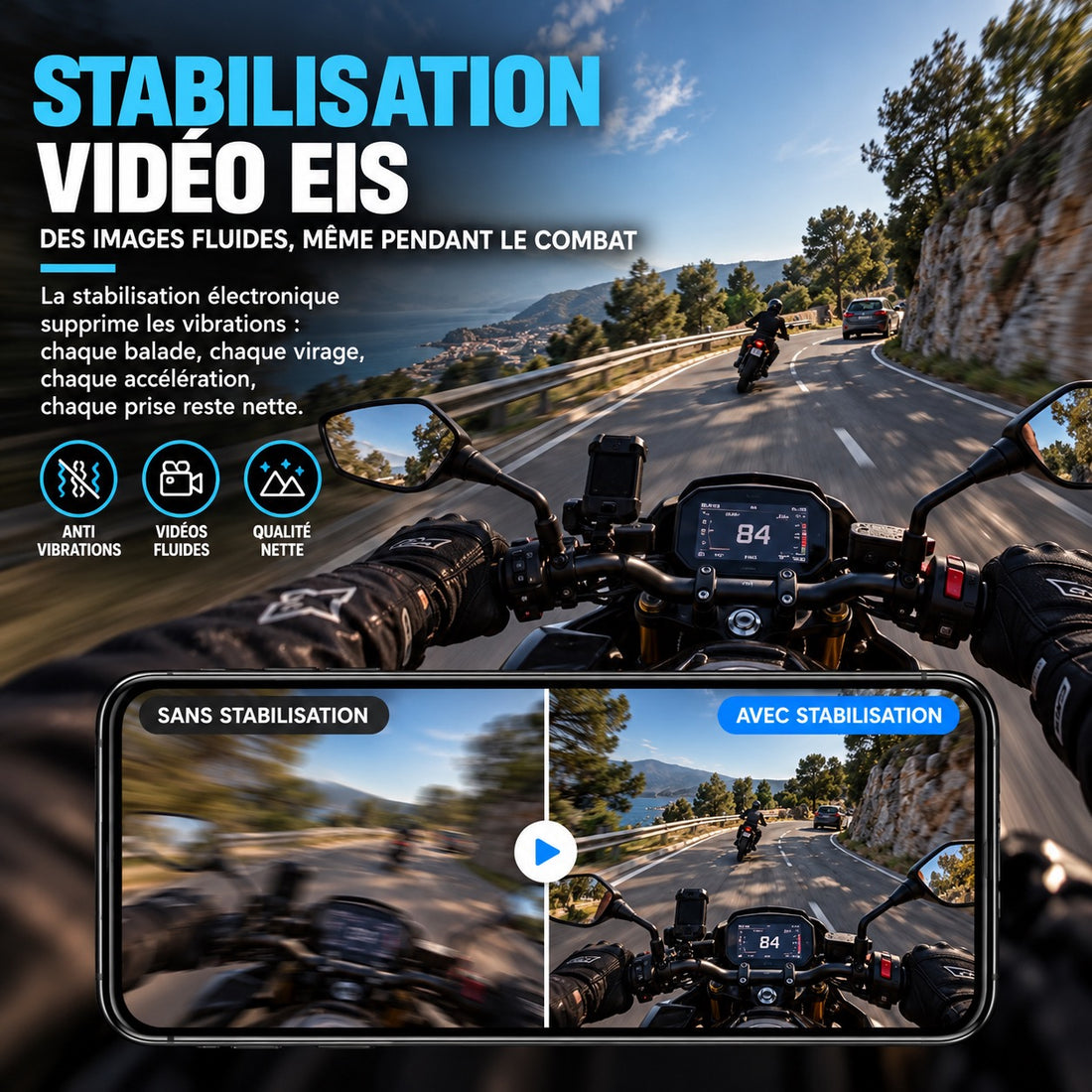 Stabilisation vidéo EIS – sans et avec stabilisation à moto